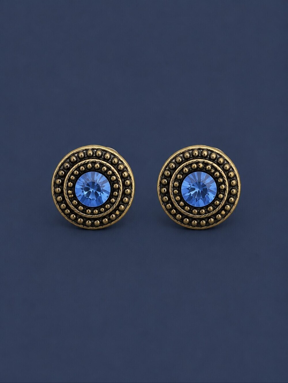3/$30 VTG Byzatine Antique Brass Blue Crystal Post Earrings